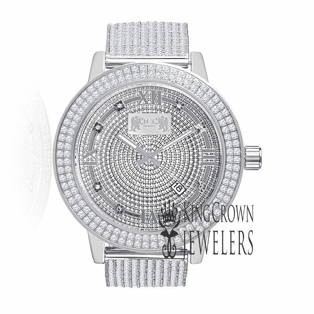 Roman Face Solid Stainless Steel Bezel White Gold Tone Real Diamond Dial Khronos Joe Rodeo Custom Band Mens Watch