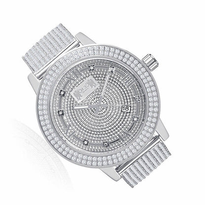 Roman Face Solid Stainless Steel Bezel White Gold Tone Real Diamond Dial Khronos Joe Rodeo Custom Band Mens Watch