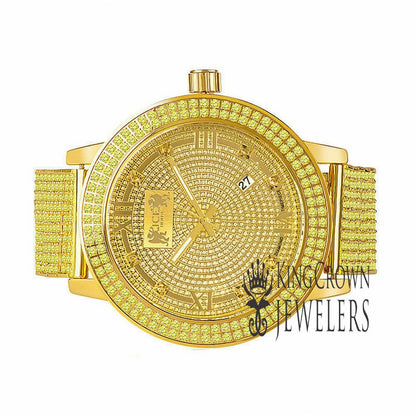 Canary Gold Tone Roman Face Solid Stainless Steel Bezel Real Diamond Dial Khronos Joe Rodeo Custom Band Mens Watch