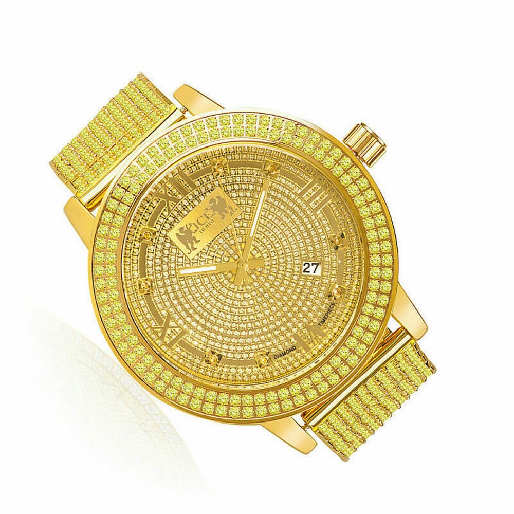 Canary Gold Tone Roman Face Solid Stainless Steel Bezel Real Diamond Dial Khronos Joe Rodeo Custom Band Mens Watch