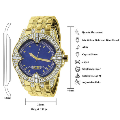 Yellow Gold Tone Blue Dial Quartz Watch Simulated Diamond Steel Back Metal Link Watch Water Resistance: