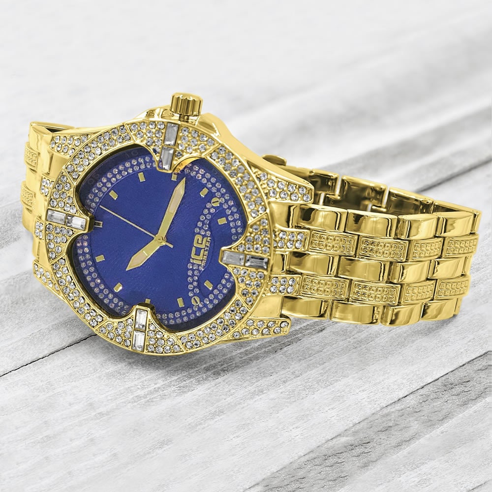 Yellow Gold Tone Blue Dial Quartz Watch Simulated Diamond Steel Back Metal Link Watch Water Resistance: