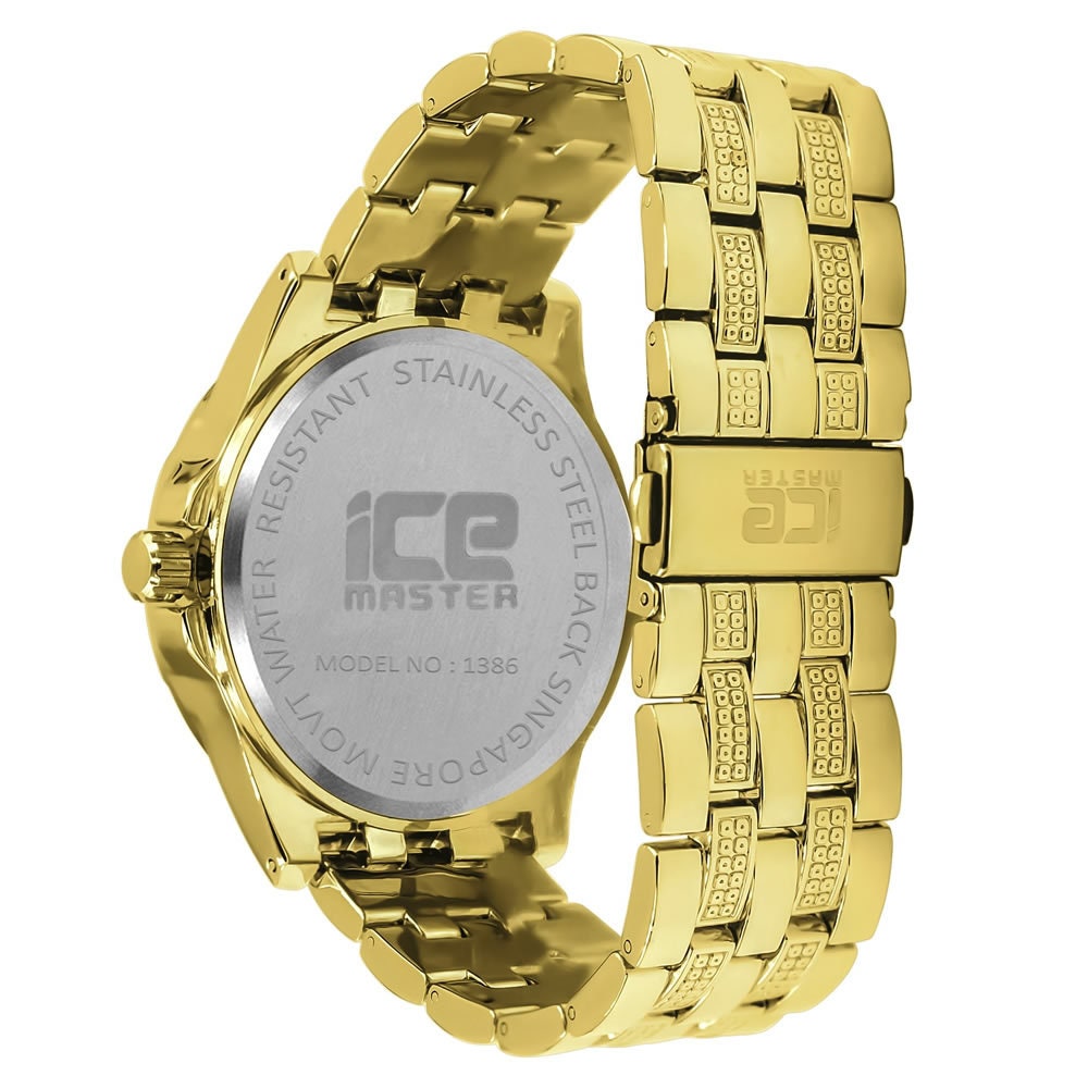 Yellow Gold Tone Blue Dial Quartz Watch Simulated Diamond Steel Back Metal Link Watch Water Resistance: