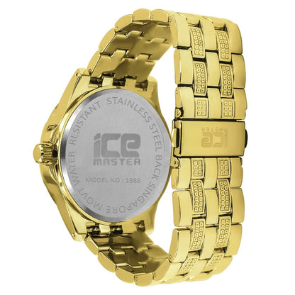 Yellow Gold Tone Blue Dial Quartz Watch Simulated Diamond Steel Back Metal Link Watch Water Resistance: