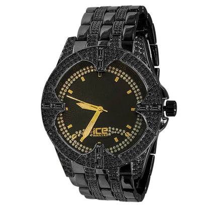 Black Gold Finish 2 Tone Dial Simulated Diamond Mens Metal Link Watch Water Resistance: 46mm
