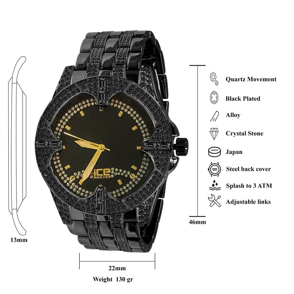 Black Gold Finish 2 Tone Dial Simulated Diamond Mens Metal Link Watch Water Resistance: 46mm