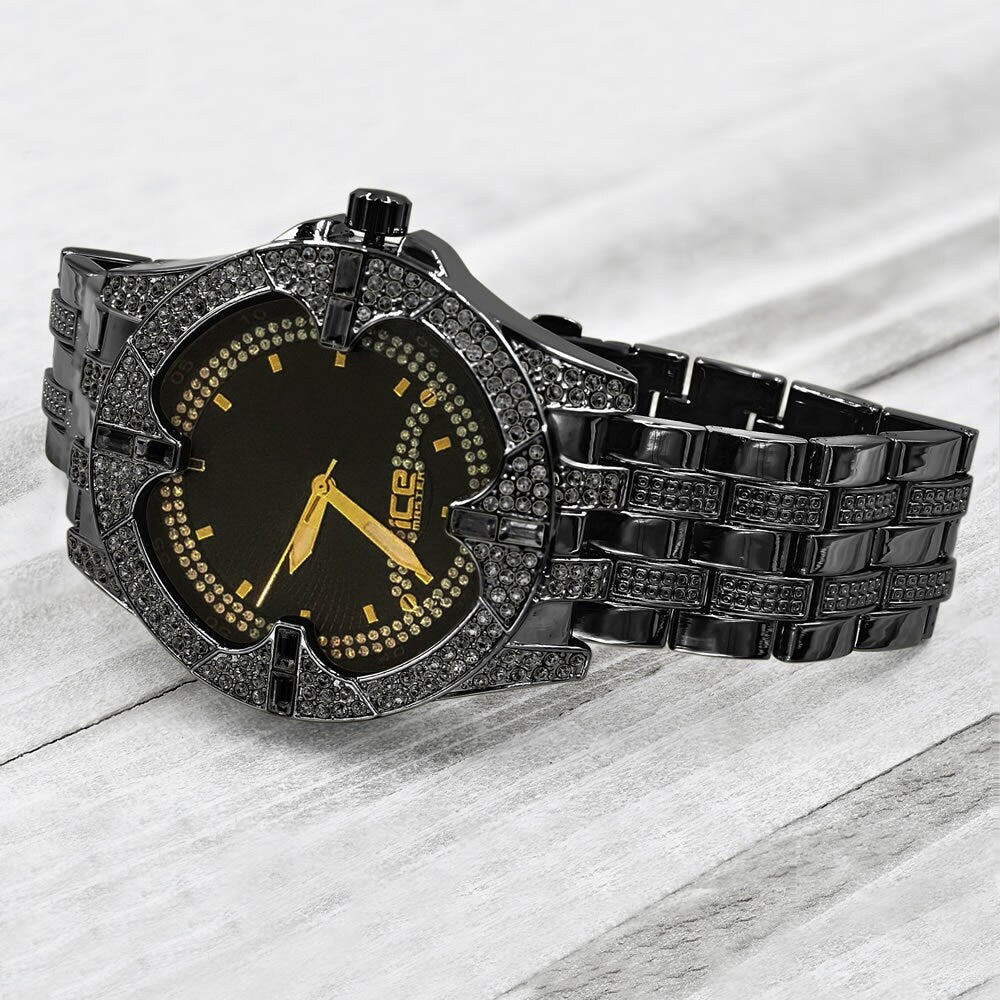 Black Gold Finish 2 Tone Dial Simulated Diamond Mens Metal Link Watch Water Resistance: 46mm