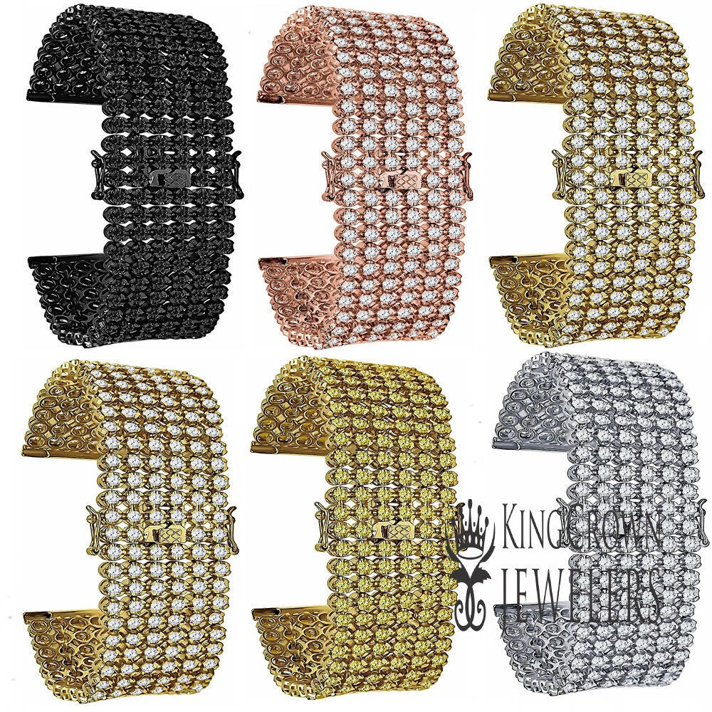 6 Row Iced Out Custom Replacement Watch Band Bracelet 14K Gold Finish Simulated Diamond 24mm