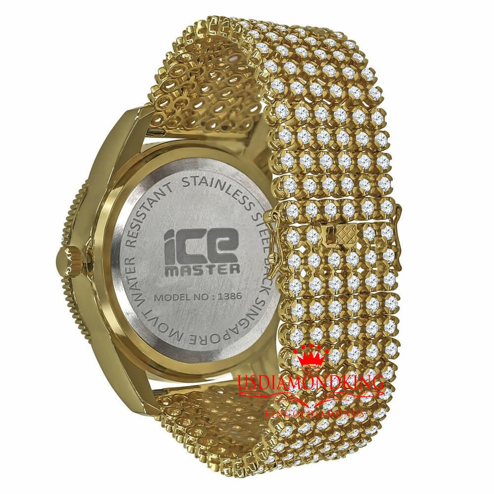 6 Row Iced Out Custom Replacement Watch Band Bracelet 14K Gold Finish Simulated Diamond 24mm