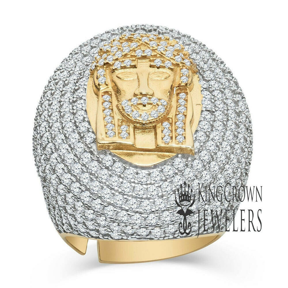 Big Bold Mens 2 Tone Real Yellow Gold Sterling Silver Jesus Face Dome Ring Simulated Diamond Band (Adjustable Size 9 Up To 10 ))