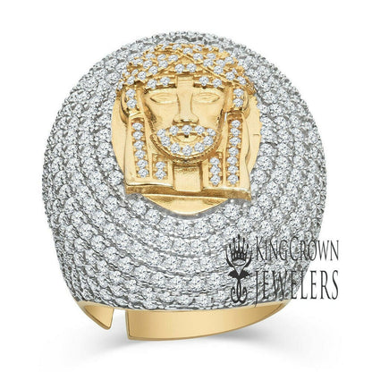Big Bold Mens 2 Tone Real Yellow Gold Sterling Silver Jesus Face Dome Ring Simulated Diamond Band (Adjustable Size 9 Up To 10 ))