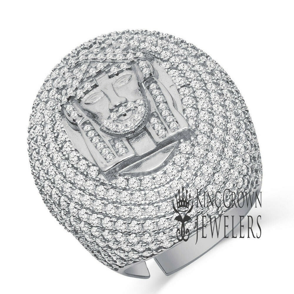 Big Bold Mens Real 14K White Gold On Sterling Silver Jesus Face Dome Ring Simulated Diamond Band (Adjustable Size 9 Up To 10 )