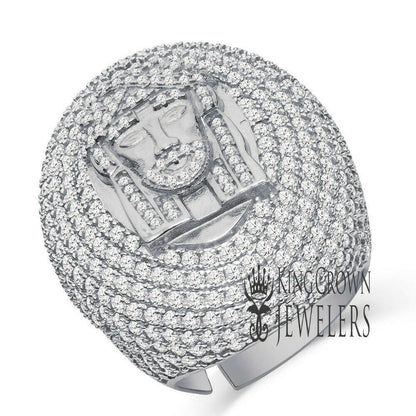 Big Bold Mens Real 14K White Gold On Sterling Silver Jesus Face Dome Ring Simulated Diamond Band (Adjustable Size 9 Up To 10 )