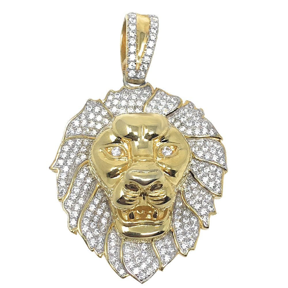 men new 10k yellow gold sterling silver lion head face necklace chain pendant chain