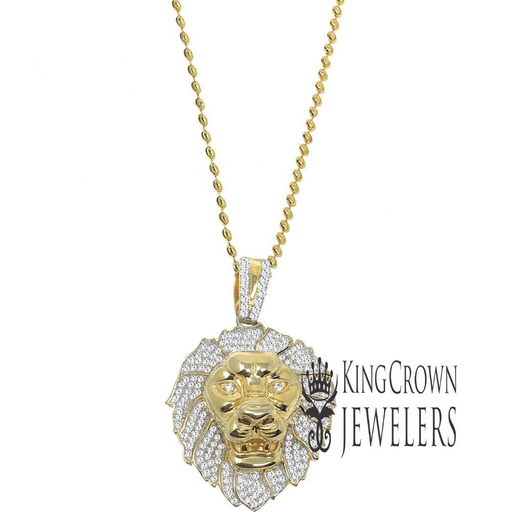 men new 10k yellow gold sterling silver lion head face necklace chain pendant chain