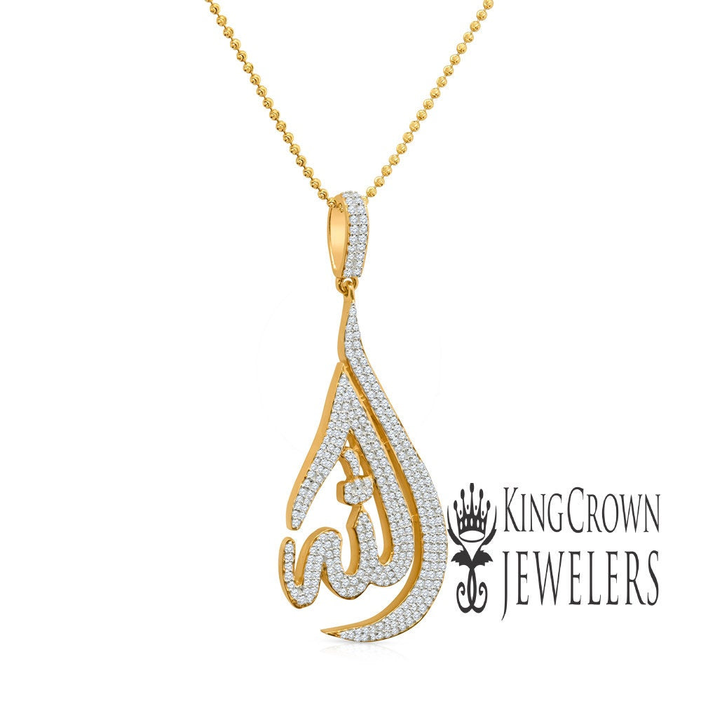 14k Gold Over Real Genuine Sterling Silver Simulated Diamond Allah God Muslim Islamic Arabic Unisex Charm Pendant Chain Neckless Set 2.65