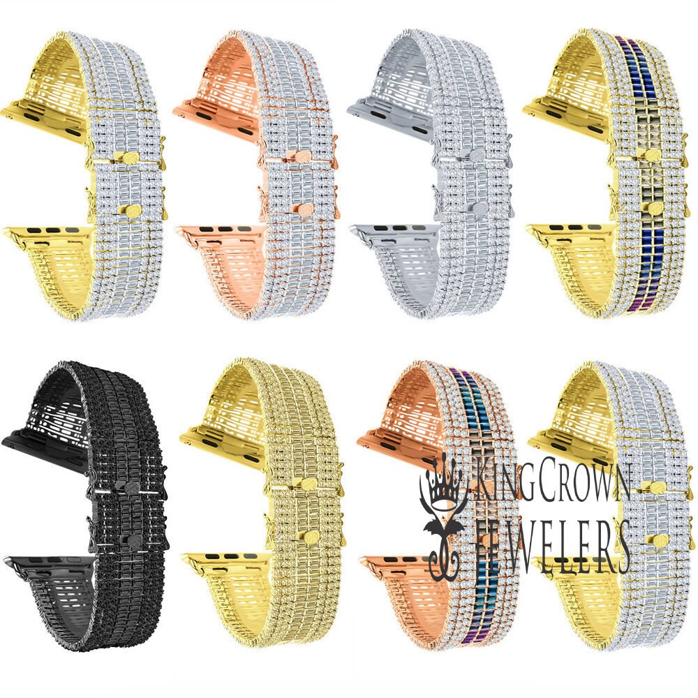 Apple Watch Series # 4 Baguette Simulated Diamonds 14K Gold Finish Wristband Replacement Bracelet Adjustable Size Custom Band
