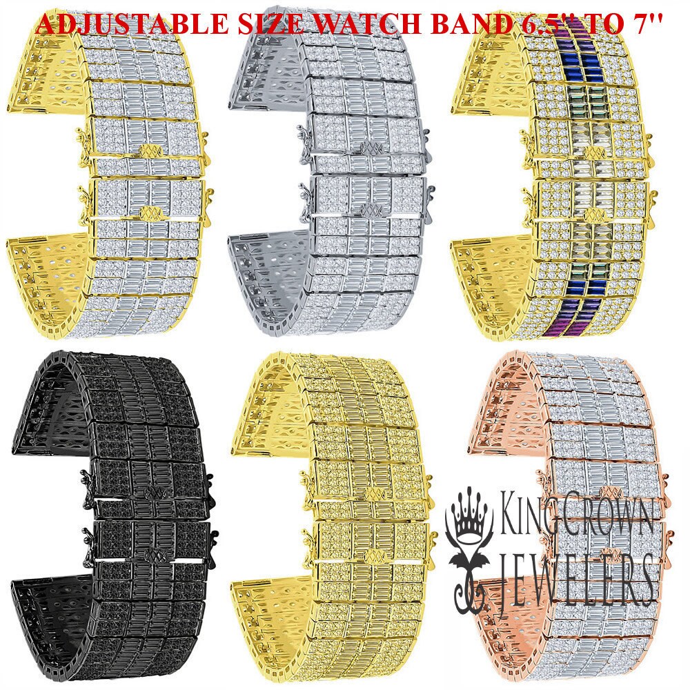 High Quality Baguette Simulated Diamond 14K Gold Finish Adjustable Size Watch Band Replacement Bracelet 24mm