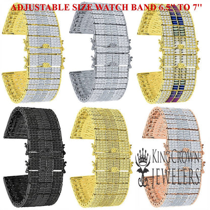 High Quality Baguette Simulated Diamond 14K Gold Finish Adjustable Size Watch Band Replacement Bracelet 24mm