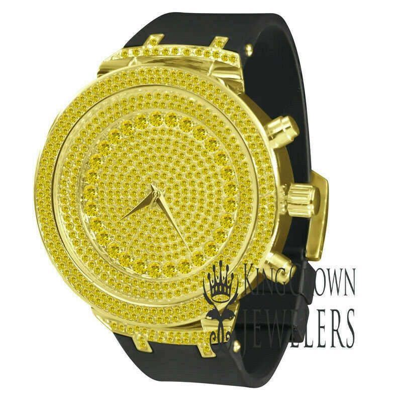 Lemonade Canary 14k Gold Finish Full Iced Out Dial Simulated Diamonds Men's Wrist Watch 48mm