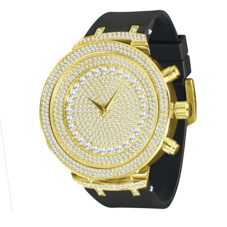 14k Yellow Gold Finish Full Iced Out Dial Simulated Diamonds Men's Wrist Watch 48mm