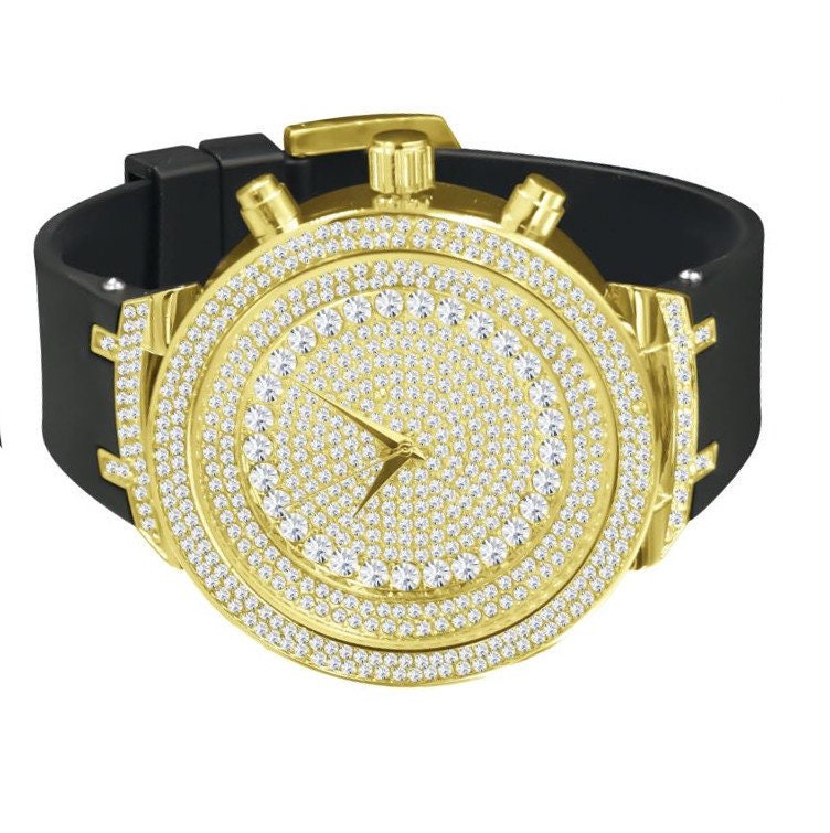 14k Yellow Gold Finish Full Iced Out Dial Simulated Diamonds Men's Wrist Watch 48mm