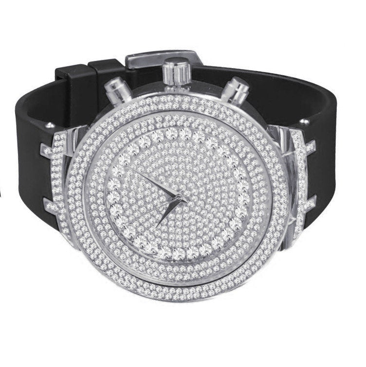 14k White Gold Finish Full Iced Out Dial Simulated Diamonds Men's Wrist Watch 48mm