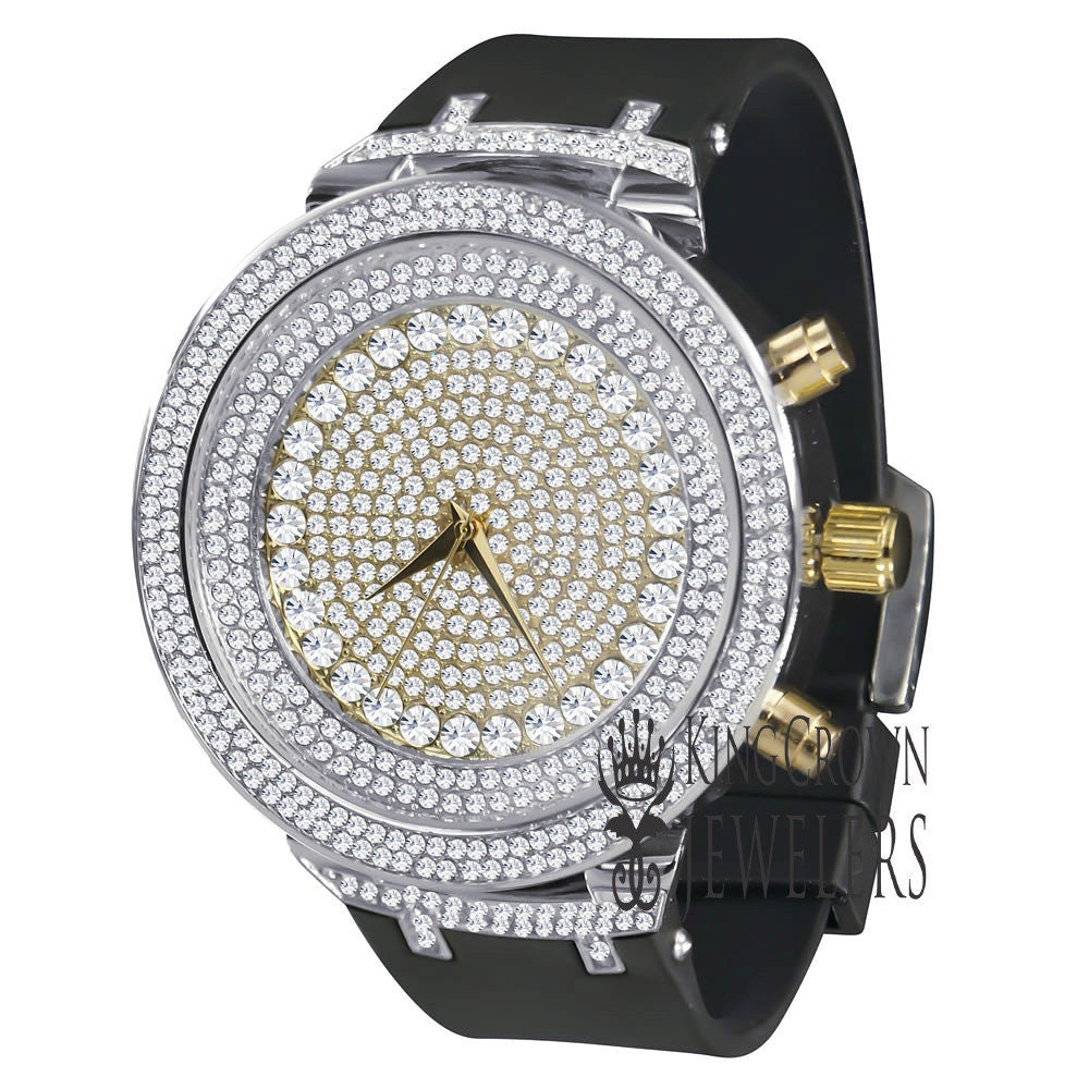 2 Tone Dial 14k White Gold Finish Simulated Diamonds Men's Full Iced Out Wrist Watch 48mm