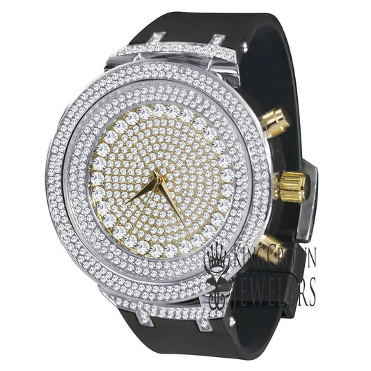 2 Tone Dial 14k White Gold Finish Simulated Diamonds Men's Full Iced Out Wrist Watch 48mm