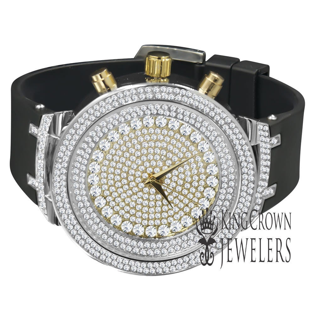 2 Tone Dial 14k White Gold Finish Simulated Diamonds Men's Full Iced Out Wrist Watch 48mm