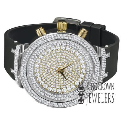 2 Tone Dial 14k White Gold Finish Simulated Diamonds Men's Full Iced Out Wrist Watch 48mm