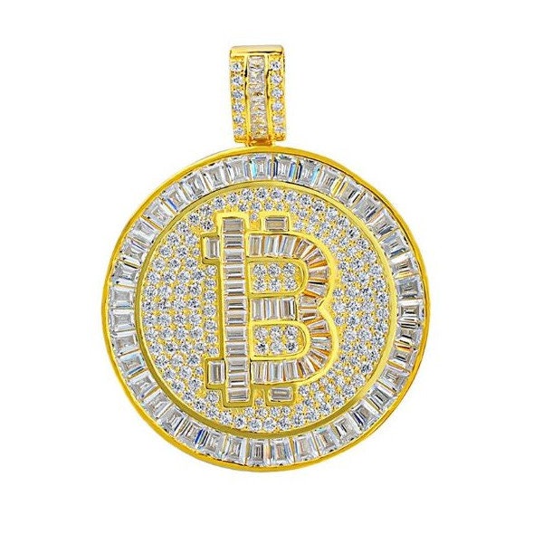 Real Italian Sterling Silver  Baguette Simulated Diamonds 14K Gold Finish Bitcoin Money Round Pendant Charm Unisex