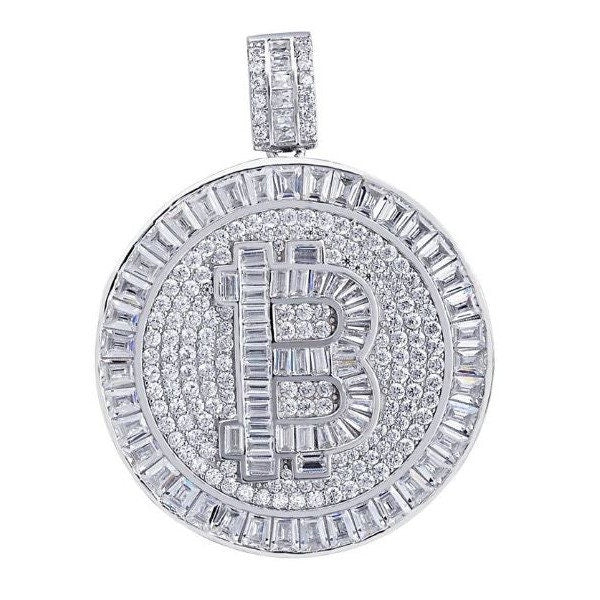 Real Italian Sterling Silver  Baguette Simulated Diamonds 14K Gold Finish Bitcoin Money Round Pendant Charm Unisex