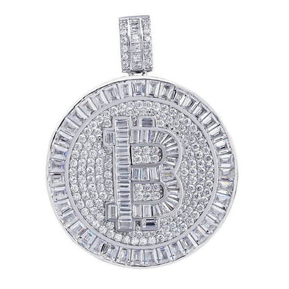 Real Italian Sterling Silver  Baguette Simulated Diamonds 14K Gold Finish Bitcoin Money Round Pendant Charm Unisex