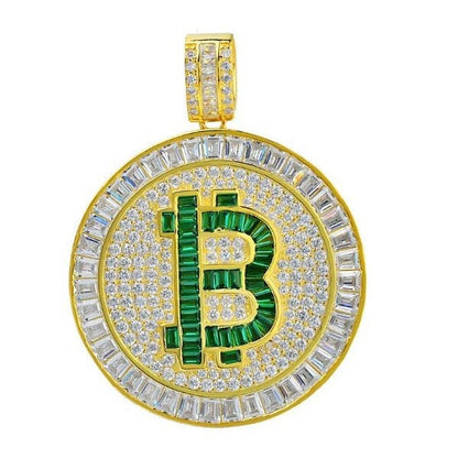 Real Italian Sterling Silver  Baguette Simulated Diamonds 14K Gold Finish Bitcoin Money Round Pendant Charm Unisex