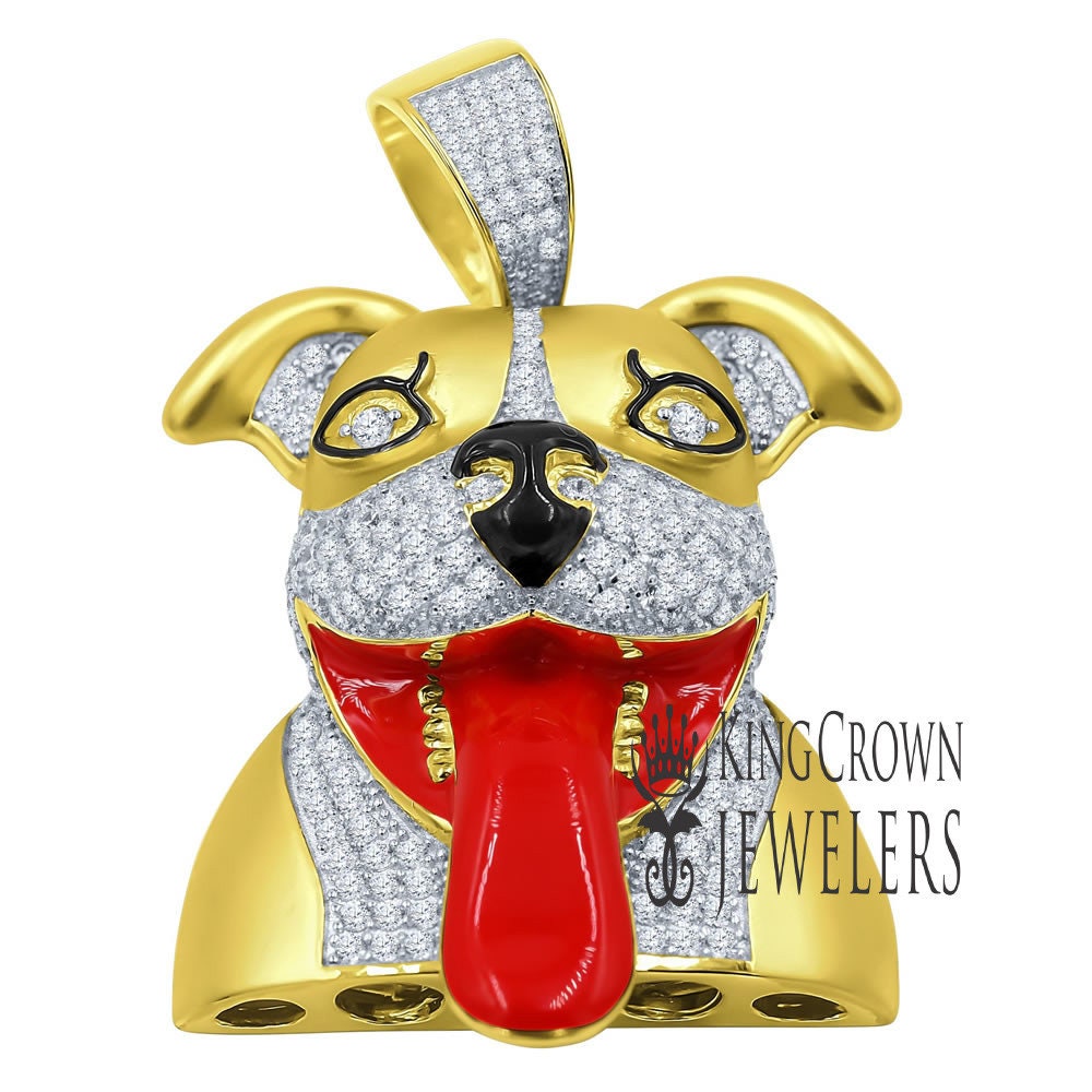 Mens Real Sterling Silver 14K Gold Finish SnapchatDog Pendant Simulated Diamonds Custom Charm