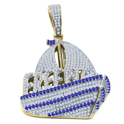 Custom Piece Real Sterling Silver Pirate Ship Pendant Simulated Diamonds 14K Gold Finish Charm 2.35''