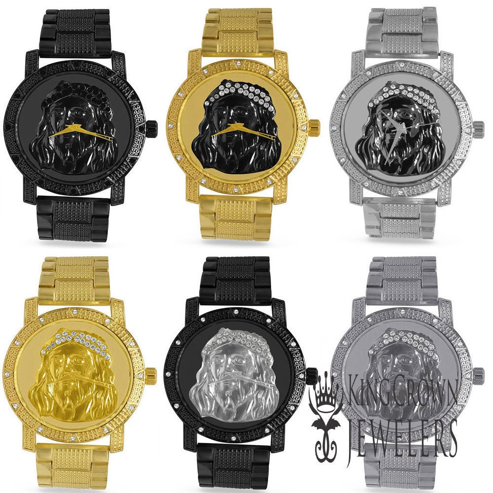 Mens Simulated  Diamond Jesus Face Dial Stainless Steel Back Metal Band Custom Watch Water Resistant 45mm