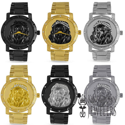 Mens Simulated  Diamond Jesus Face Dial Stainless Steel Back Metal Band Custom Watch Water Resistant 45mm