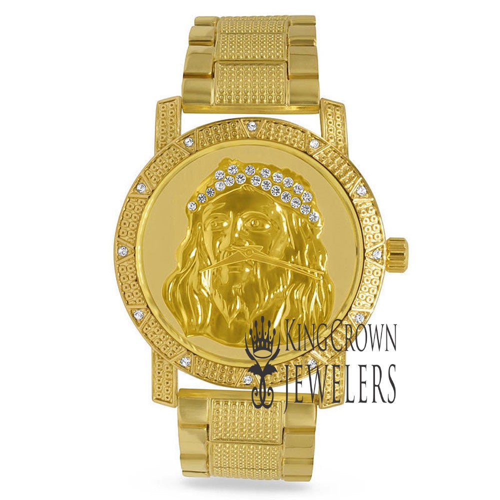 Mens Simulated  Diamond Jesus Face Dial Stainless Steel Back Metal Band Custom Watch Water Resistant 45mm