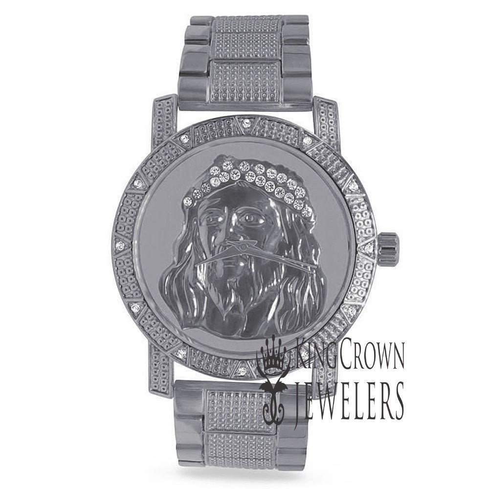 Mens Simulated  Diamond Jesus Face Dial Stainless Steel Back Metal Band Custom Watch Water Resistant 45mm