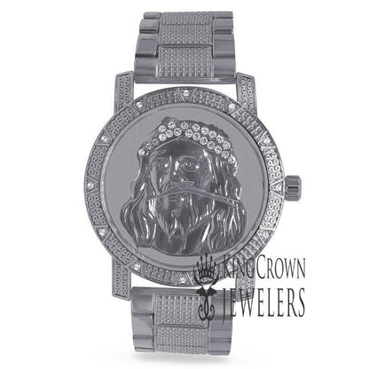 Mens Simulated  Diamond Jesus Face Dial Stainless Steel Back Metal Band Custom Watch Water Resistant 45mm