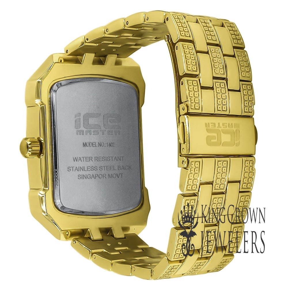 Mens Square Dial Solid Steel Back Yellow Gold Finish Simulated Diamond Metal Band Watch 44mm