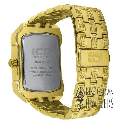 Mens Square Dial Solid Steel Back Yellow Gold Finish Simulated Diamond Metal Band Watch 44mm