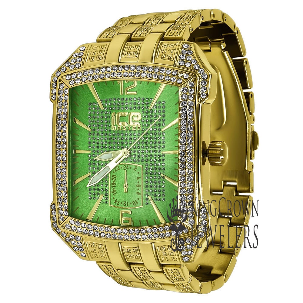 Green Dial Square Face Solid Steel Back Yellow Gold Finish Simulated Diamond Metal Band Watch 44mm
