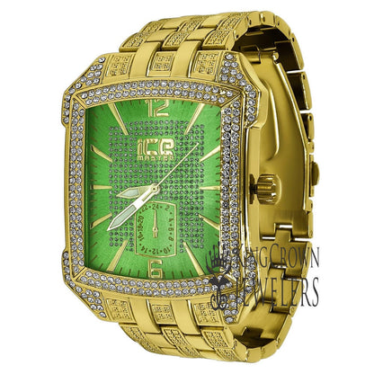 Green Dial Square Face Solid Steel Back Yellow Gold Finish Simulated Diamond Metal Band Watch 44mm