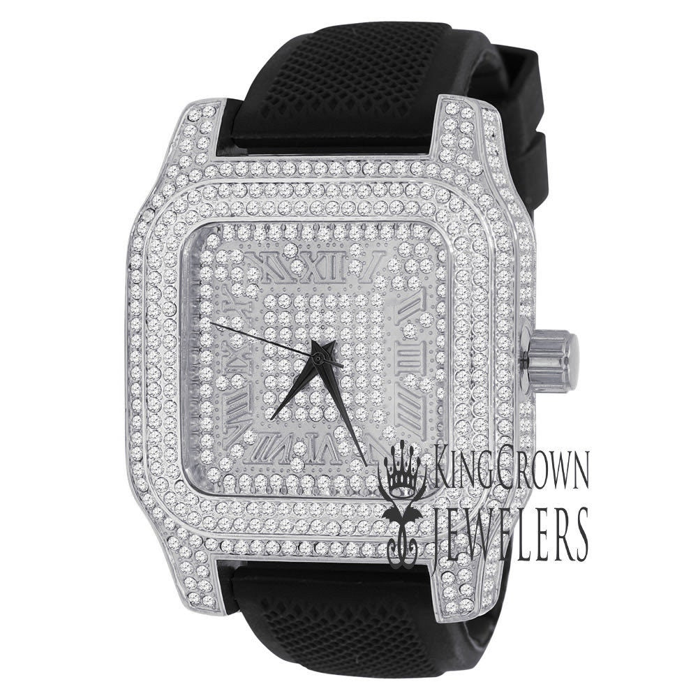 Square Face Mens 14k White Gold Tone Ice Master Simulated Diamonds Solid Steel Back Water Resistance Wrist Watch