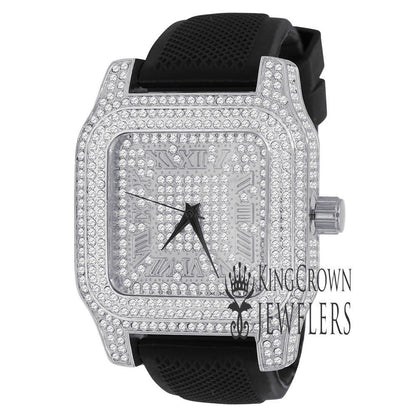 Square Face Mens 14k White Gold Tone Ice Master Simulated Diamonds Solid Steel Back Water Resistance Wrist Watch