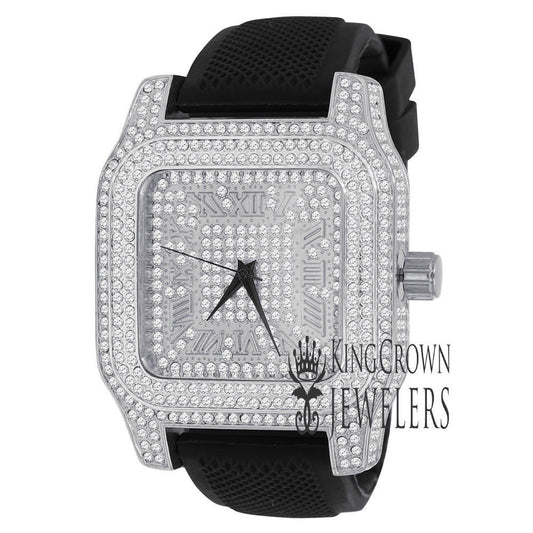 Square Face Mens 14k White Gold Tone Ice Master Simulated Diamonds Solid Steel Back Water Resistance Wrist Watch