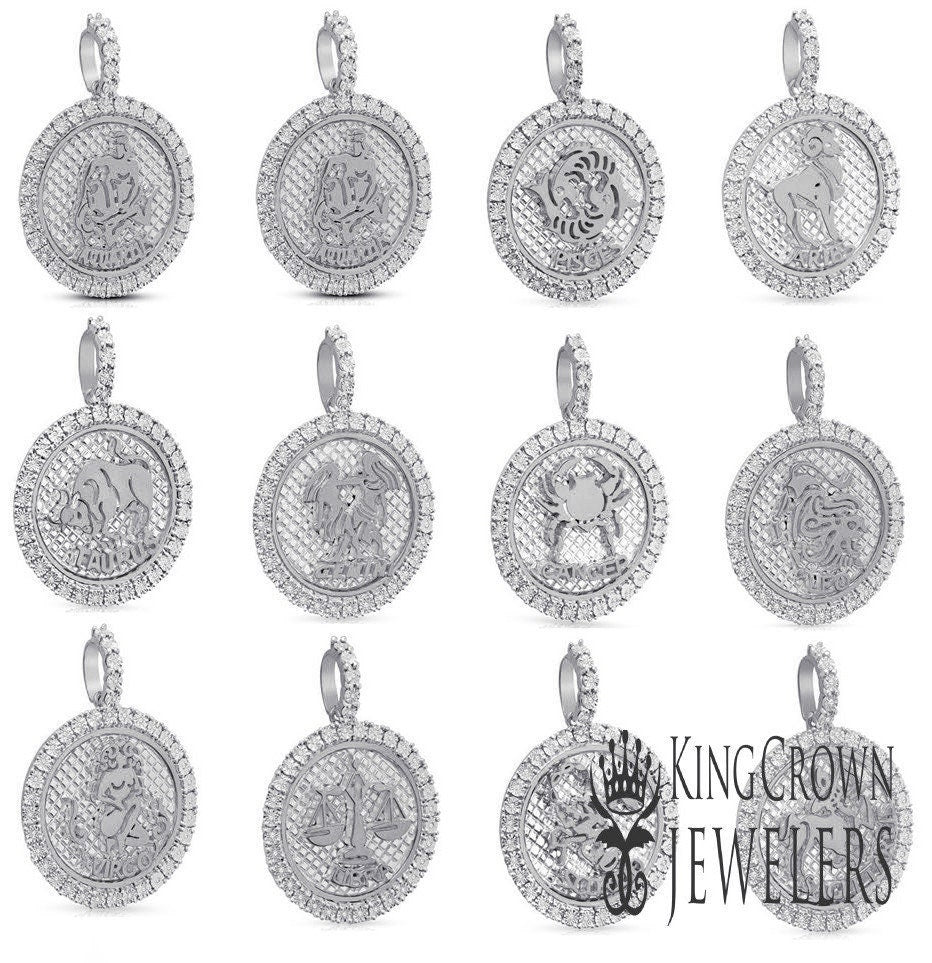 Real Genuine Sterling Silver 14K White Gold On Zodiac Sign Astrology Horoscope Round Pendant 2.00 Cwt. Simulated Diamond Charm Chain Set